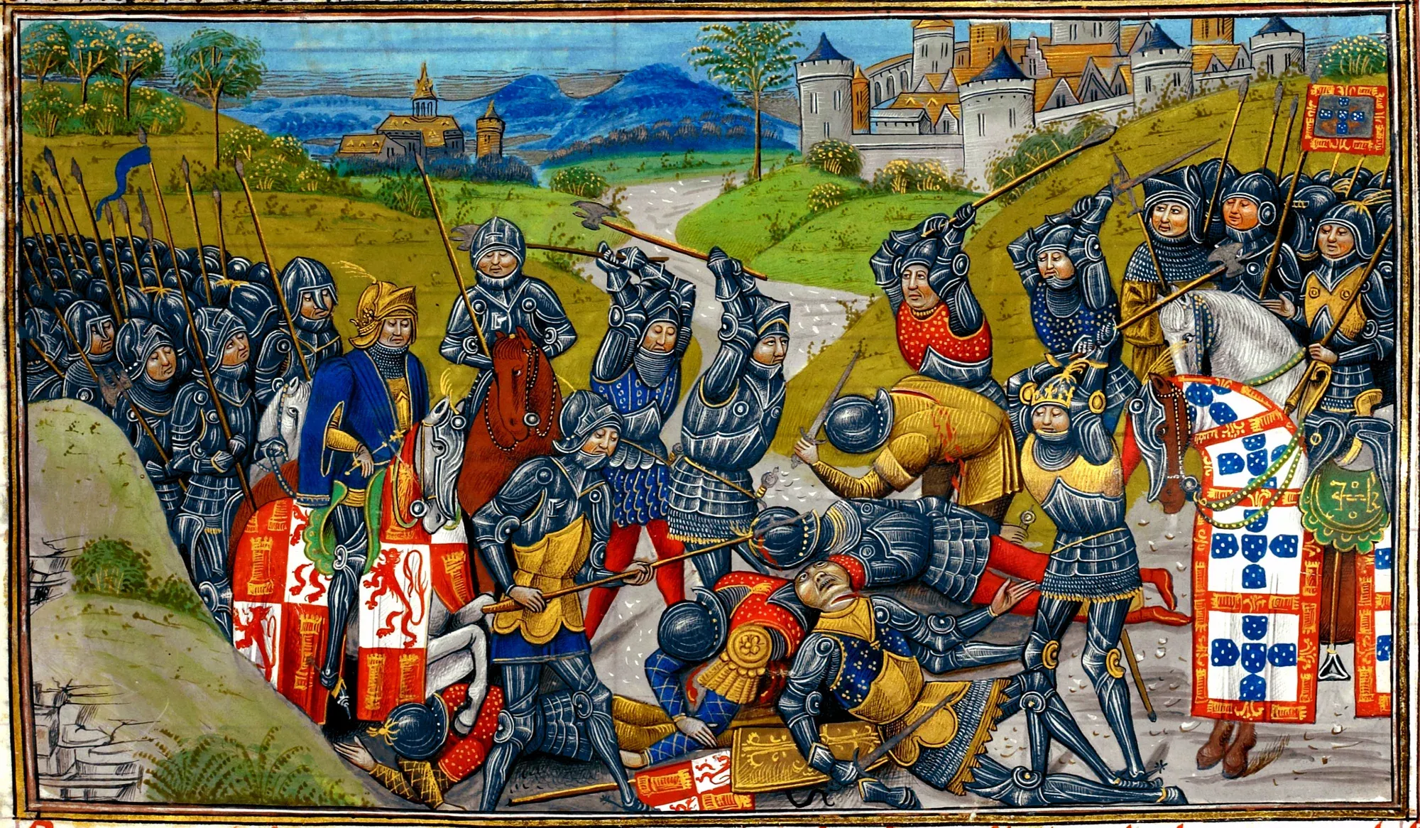 Iluminura do século XV: cavaleiros em armadura combatem diante de uma cidade amuralhada, com os estandartes de Portugal e de Castela.