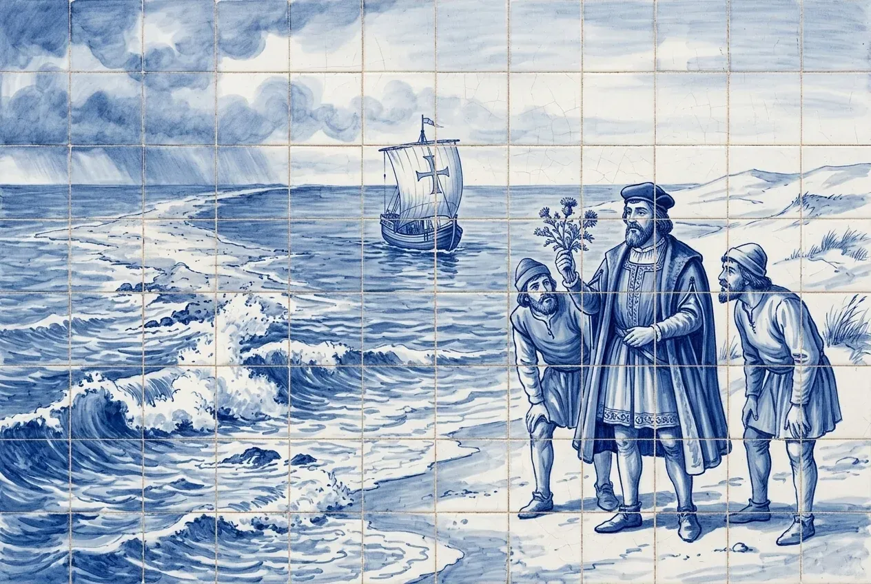 On an empty shore a captain shows his sailors a sprig of wild flowers; out at sea, a sailing boat with a cross on its sail.