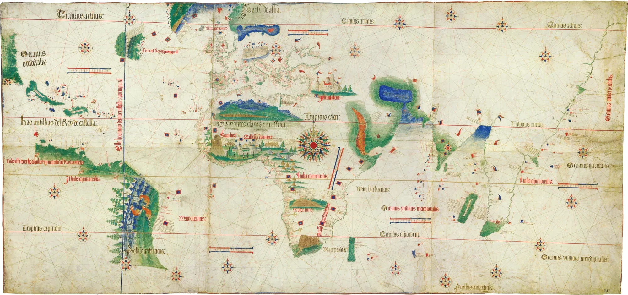 Cantino planisphere, 1502: Portuguese world map showing the Tordesillas line and the coast of Brazil.