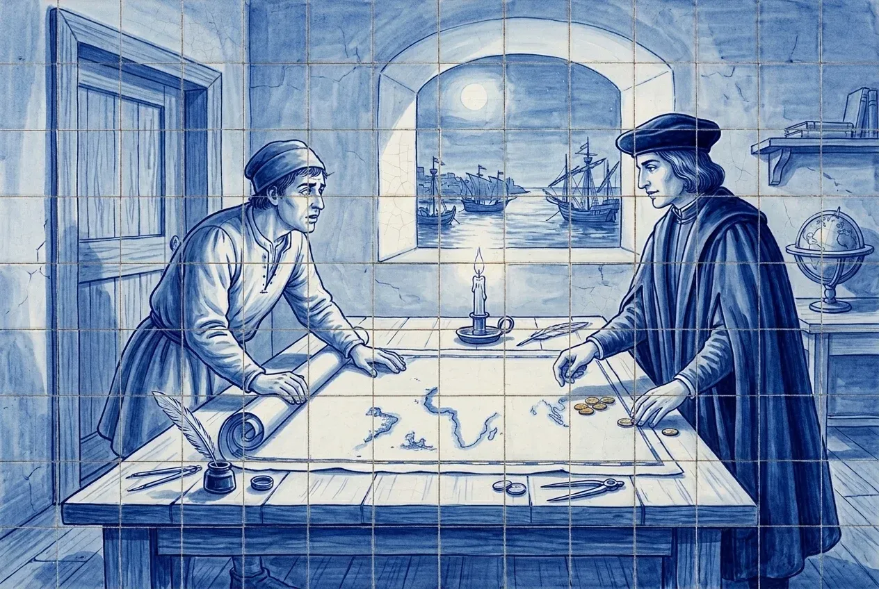 Two people at a table with a map of the world; a candle and gold coins on the table, ships in the harbour through the window.