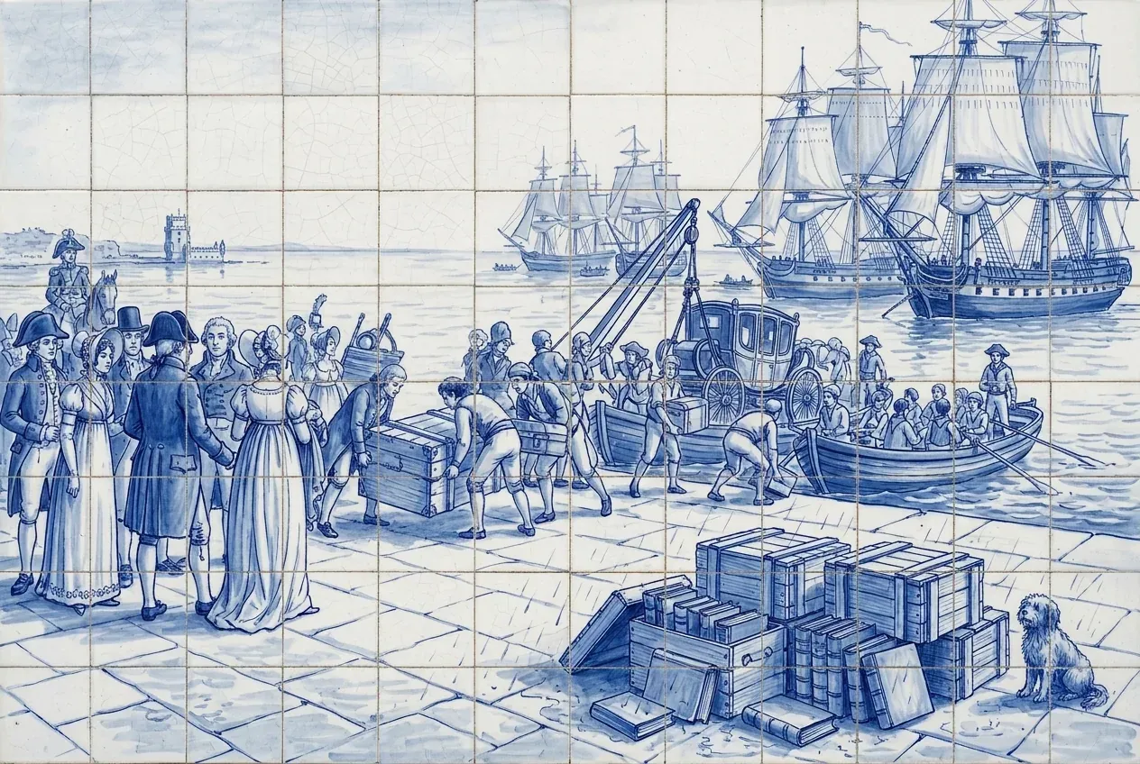 Azulejo: cortesãos carregam bagagens para barcos no cais de Belém; no chão do cais, caixotes de livros esquecidos e um cão.