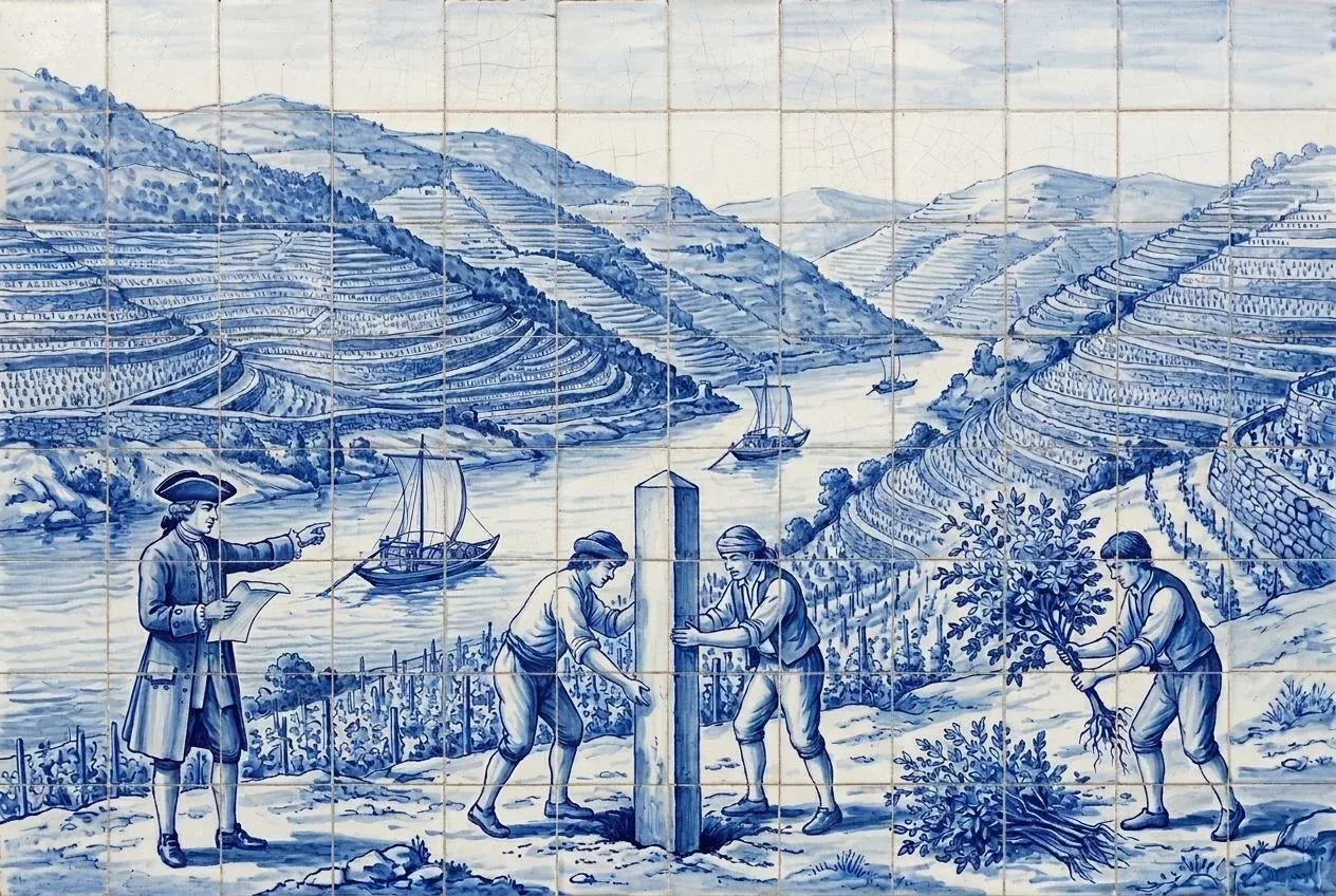 Ilustração ao estilo do azulejo azul e branco: nos socalcos do Douro, trabalhadores erguem um marco de granito, um funcionário de tricórnio aponta o limite e outro homem arranca arbustos de sabugueiro.