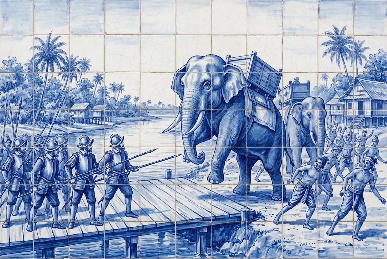 Blue-and-white azulejo-style illustration: war elephants advance toward a wooden bridge where Portuguese soldiers wait with spears at the ready, while Malay warriors run alongside.