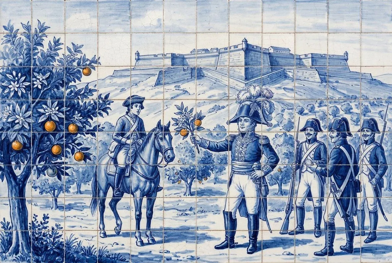 Ilustração ao estilo do azulejo azul e branco: um comandante espanhol segura um ramo de laranjeira diante dos soldados; ao fundo, a fortaleza abaluartada de Elvas.