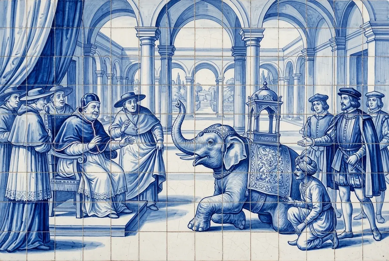 A young elephant kneels before Pope Leo X as the cardinals look astonished; Portuguese ambassadors and the mahout stand nearby.