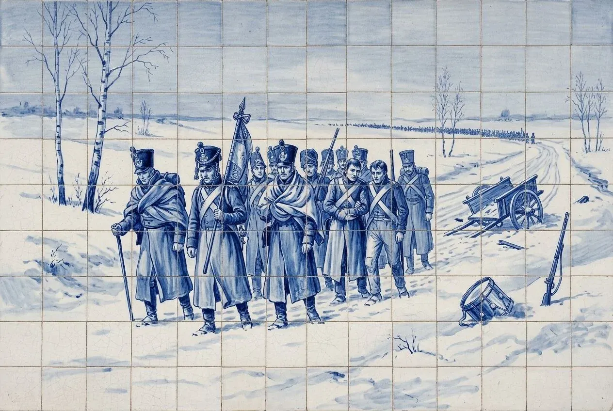 Ilustração ao estilo do azulejo azul e branco: numa planície coberta de neve, um pequeno grupo de soldados agasalhados caminha com uma bandeira, e ao lado ficam na neve uma carroça avariada, um tambor e uma espingarda.