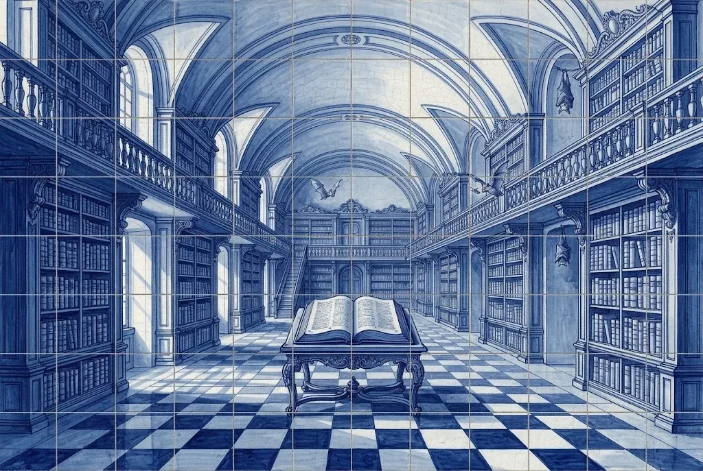 A long library hall with two tiers of shelves; bats fly under the vault and an open book lies on a table.