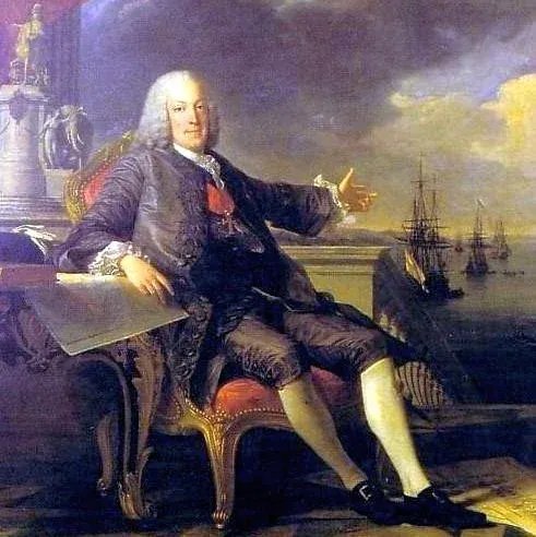 The Marquis of Pombal, seated with plans on the table, points to ships on the Tagus.