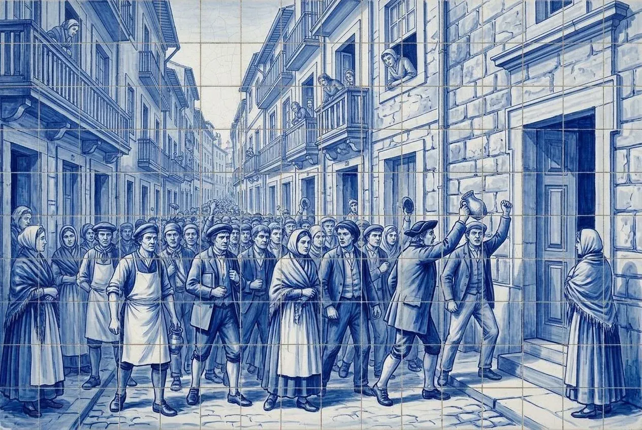 Ilustração ao estilo do azulejo azul e branco: uma multidão enche uma rua estreita do Porto e protesta de braços erguidos.