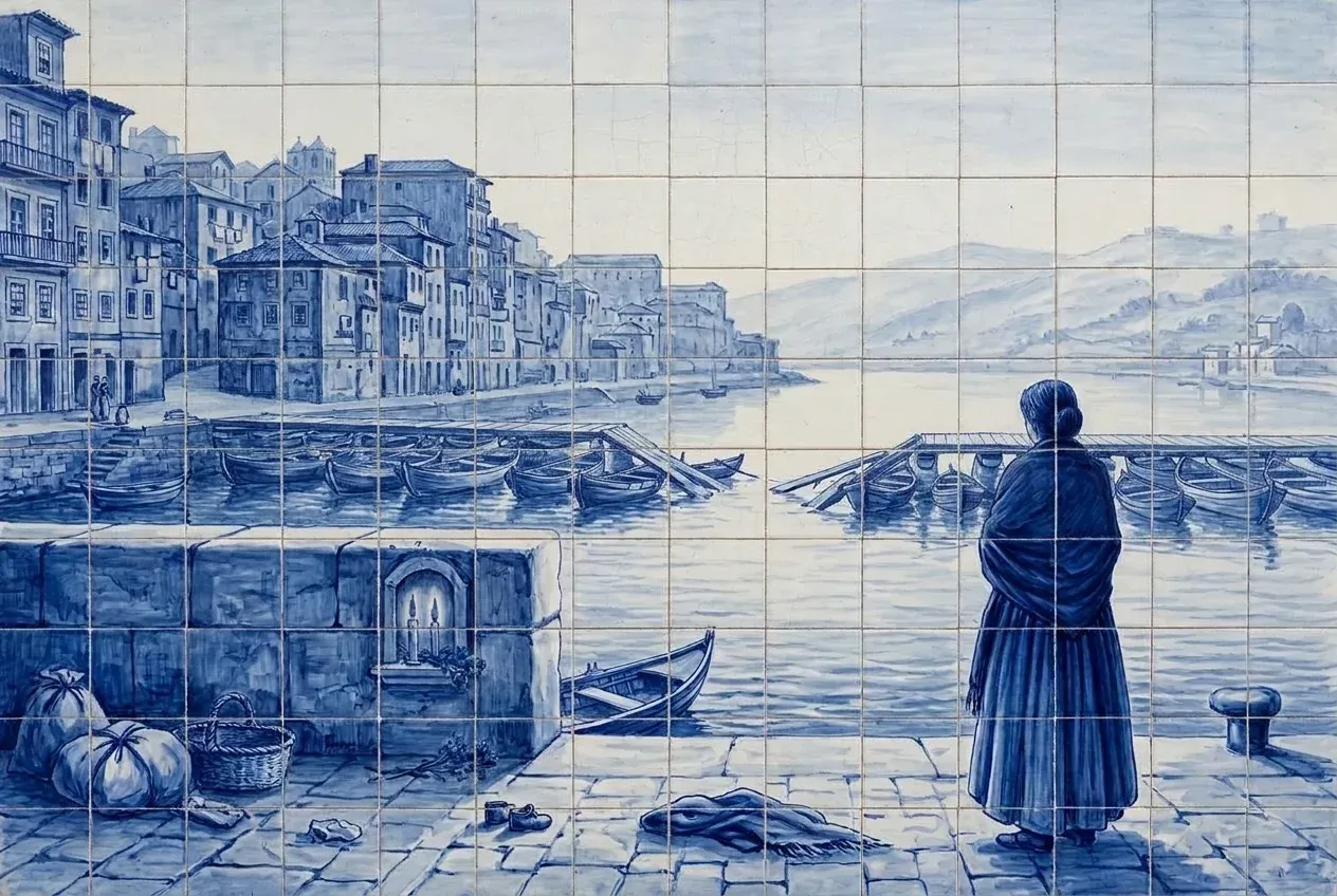 Uma mulher de xaile está num cais deserto e olha para a ponte de barcas desfeita; ao lado, trouxas abandonadas e velas num nicho.