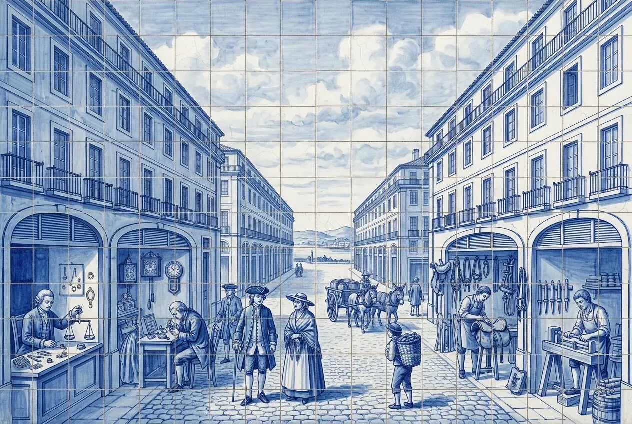 Uma rua da Baixa de prédios iguais; nas arcadas trabalham um ourives, um relojoeiro, um correeiro e um torneiro, e pela calçada passam os lisboetas.