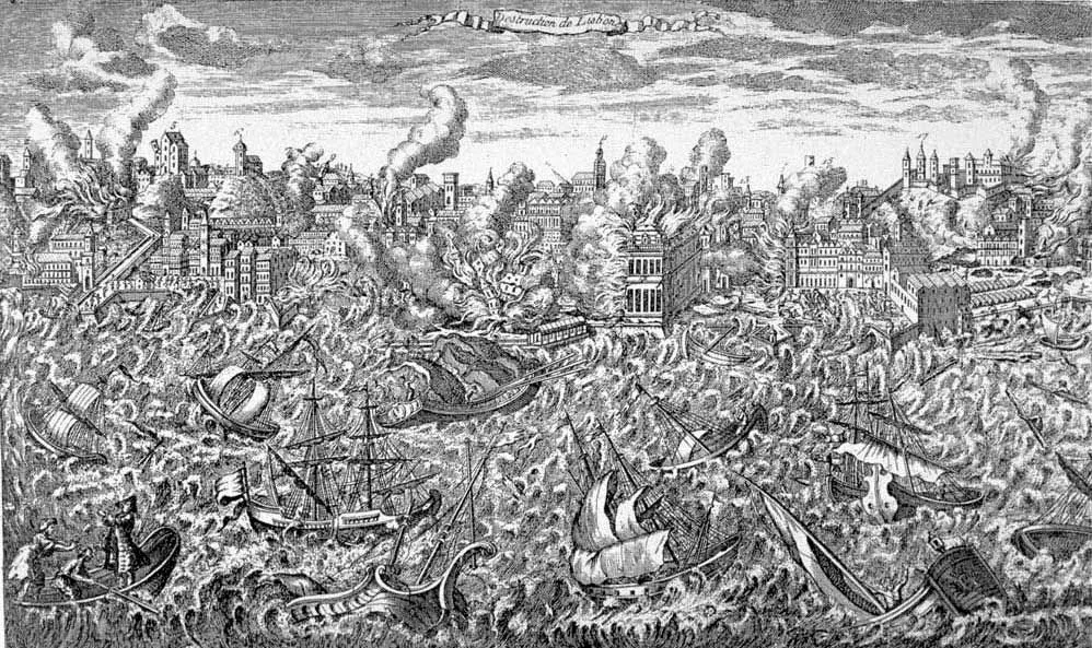 Copper engraving of 1755: Lisbon in ruins and flames, with the tsunami striking the quay and ships in distress in the harbour.
