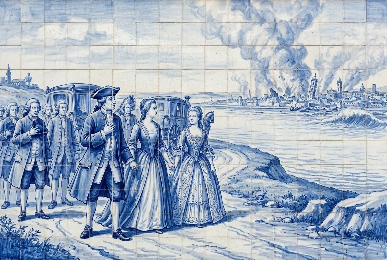 The king, the queen and the princess by the carriages on the shore; in the distance over the city, smoke and a big wave.