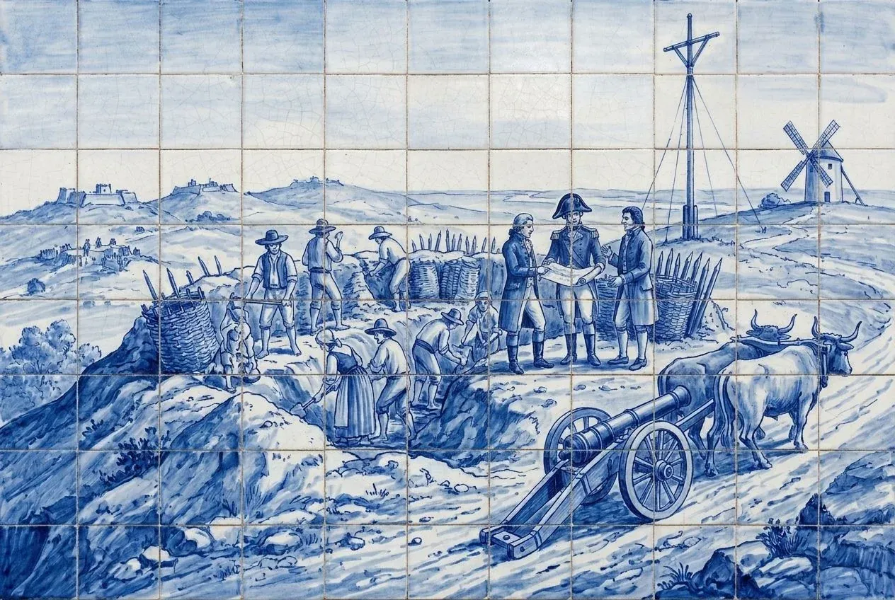 Ilustração ao estilo do azulejo azul e branco: camponeses cavam trincheiras e enchem cestos de terra numa colina, oficiais estudam um mapa, bois puxam um canhão; atrás, um mastro de sinais e um moinho.