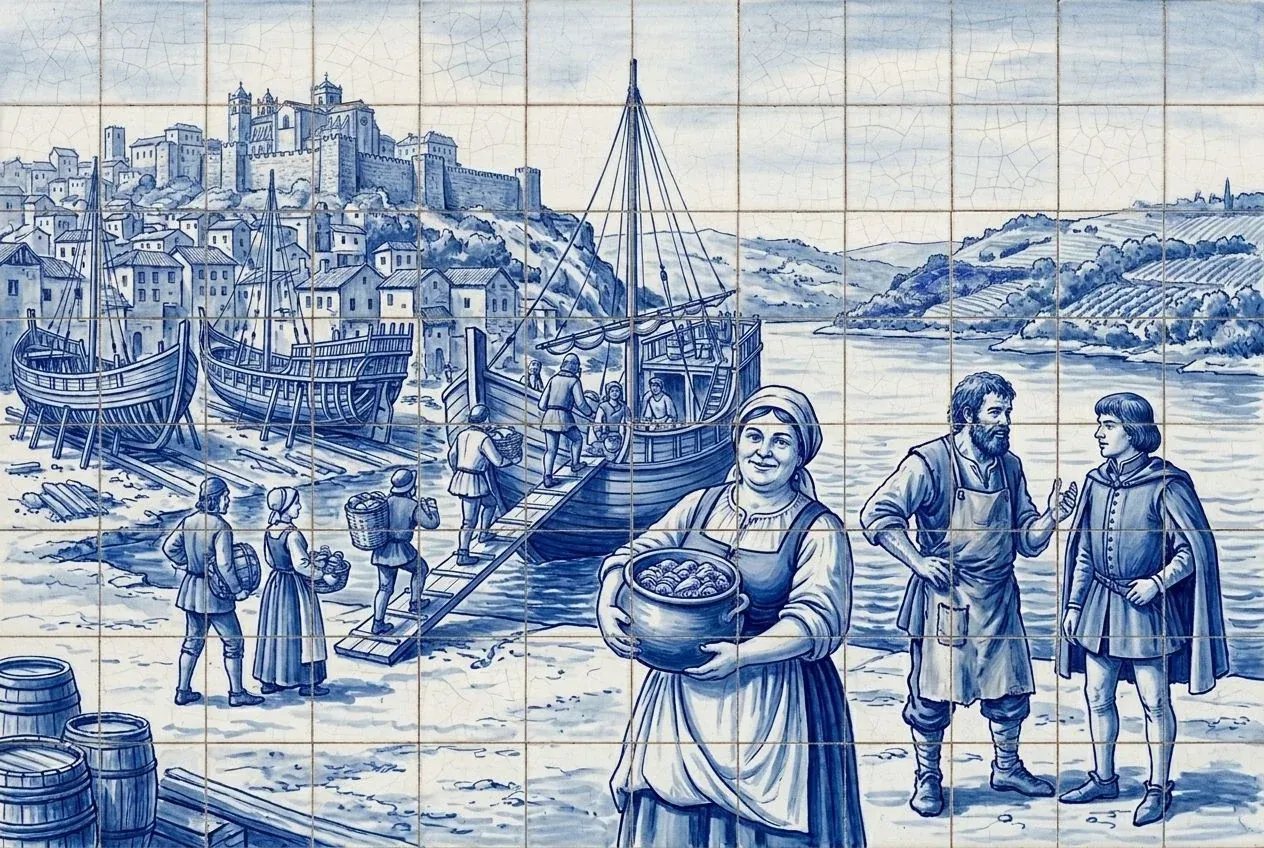Ilustração ao estilo do azulejo azul e branco: no estaleiro do Douro, gente do Porto leva cestos para os navios, enquanto uma mulher segura um tacho de tripas e dois homens conversam.