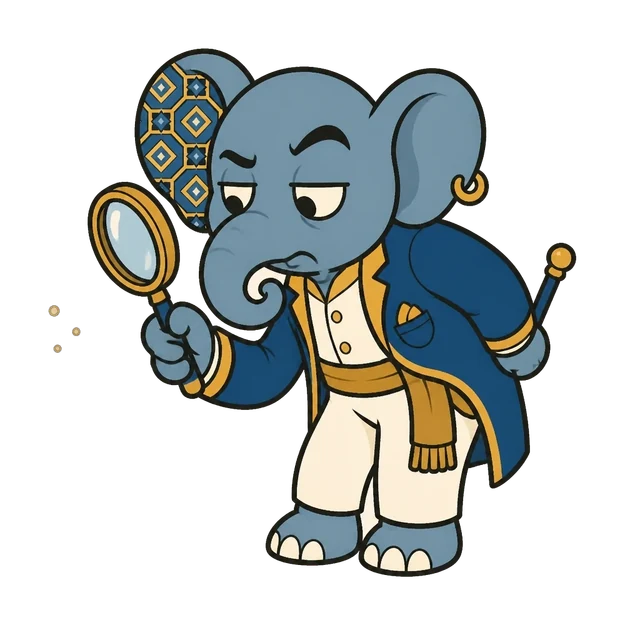 The elephant mascot examining something through a magnifying glass